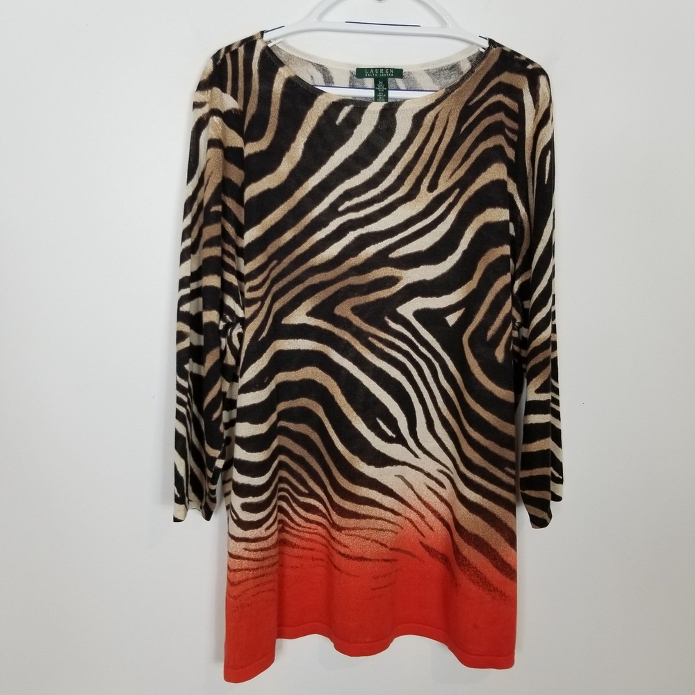 Lauren Ralph Lauren Brown Red Zebra Ombre Linen Cotton Sweater Sz 3X Boho